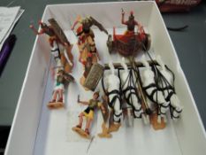 A Timpo Toys plastic Roman Chariot with Charioteer and four horses, two Roman Soldiers on horse back