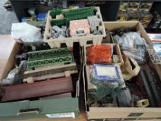 Three boxes of 00 scale accessories including Fencing, Buildings, Bridges and Tunnels etc