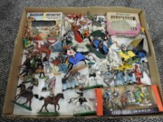 A box of Britains, Timpo, Lone Star and similar plastic figures etc along with a Airfix plastic