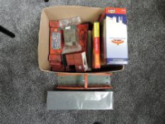 A box containing 00 scale Accessories including Scaldale Walls, Hornby Bridge, Buildings and