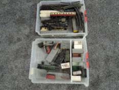 Two plastic trays containing 00 gauge including 4-6-2 Britannia Loco & Tenders, carriages and