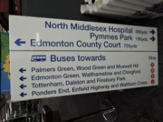A modern enamel sign showing North Middlesex Hospital, Pymmes Park, Edmonton County Court, Bus