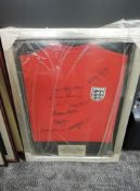 A framed England Shirt, World Cup Winners 1966, bearing signatures, Geoff Hurst, Alan Ball, Roger