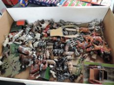 A box of Britains and similar lead figures, animals and accessories including Hunting and Farming