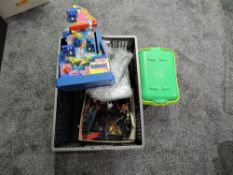 A box of mixed toys including playworn diecasts, Sonic Pinball game and vintage Marbles