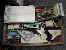 A box of vintage Toys & Games including Marx Tank, Sindy Wardrobe, Travel Battleships, Tower of