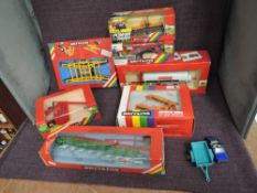 Seven Britains plastic farm implements, Vicon Vari Spreader 9341, Vicon Mower 9531, Folding Disc