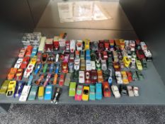 A shelf of mainly Matchbox playworn diecasts including Racing Cars, Military, Saloons, Vans etc also