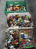 Four boxes of playworn diecasts including Matchbox, Corgi, Dinky etc