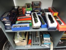 Two shelves of 00 gauge including Hornby 4-6-0 Loco & Tender 45414 and 2-6-4 Tank Locomotive