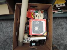 A box of 00 gauge accessories including Hornby R900 Power Controle, Triang Rolling Stock etc