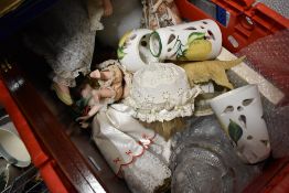 A selection of ceramics glasswares and dolls