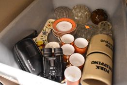 A selection of ceramics and glass wares including Tasco binoculars