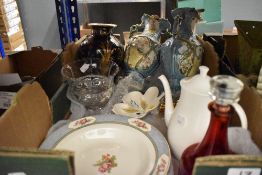 A selection of ceramics and glass wares including cranberry decanter