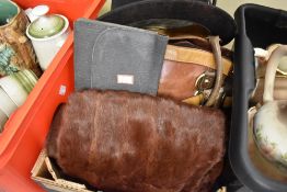 A selection of ladies hand bags and a bowler hat