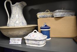 A Victorian 'carrara H.B & C' blue marbled toilet set, comprising jug, bowl, soap dish, etc