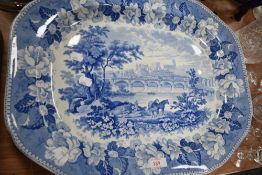 A 19th century Rogers blue and white ashette, of large proportions, decorated with a river/bridge