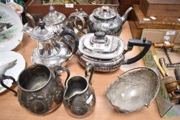 A selection of mixed silver plated teawares, including a 19th century embossed basket with swing