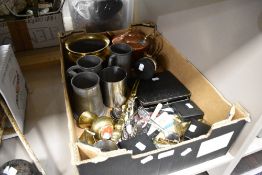 A miscellany of items including pewter tankards, copper kettle, cake forks in box, and other flat