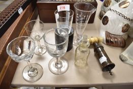 A Victorian brass and bone corkscrew (brush section damaged) and a selection of various etched glass