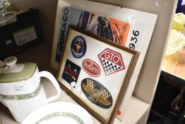 A reproduction Monaco 1936 rally poster and a framed selection of cloth badges of similar interest.