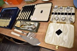 A selection of boxed flatware and some loose items including bone handled fish knives and forks,