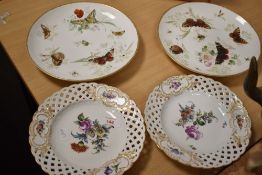 A pair of Continental porcelain plates, hand-painted with foliage sprays within a pierced lattice