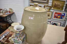 A Victorian buff-stoneware lidded barrel, lacking spigot