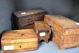 A selection of miscellaneous boxes, to include inlaid olivewood, carved Chinese, oak coffer-form