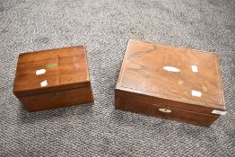 Two late 19th/early 20th century mahogany boxes one having inlaid detail and MOP escutcheon, the