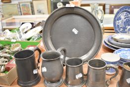 A small selection of modern pewter wares, Plain & planished tankards, plate