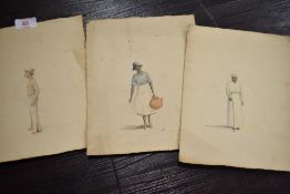 A group of three pencil and watercolour sketches, depicting island people, one initialled AVT,