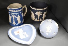 A group of three Wedgwood blue Jasper wares, pin dish, pomander and beaker, sold together with a
