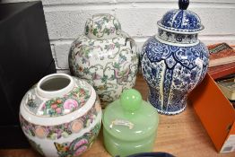 Three Ginger jars, two oriental and one marked for Holland and a French green glass powder jar or