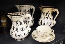 A small selection of Dunn Bennett & Co Ltd teawares, comprising three jugs (unmarked) and teacup and