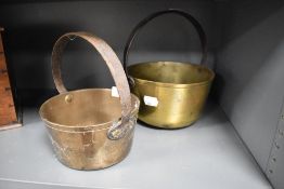 Two Victorian brass toffee pans, each with iron over-handle