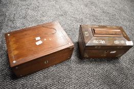 A Victorian Mother-of-Pearl inlaid rosewood tea caddy of sarcophagus form(interior vacant)