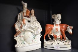 A Victorian Staffordshire pottery flatback figure group 'Robby Burns & Mary' together with a cow