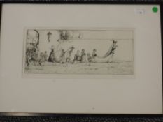 An etching, Moorhouse, Pied Piper, num 1/50, 14 x 31cm plus frame and glazed