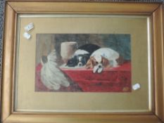 A watercolour, W Yates, lap dogs, signed and dated 1915, 20 x 34cm, plus frame and glazed