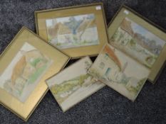 Five watercolours, H Woodhead, thatched chocolate box cottage views, inc estuary village, 17 x 23cm,