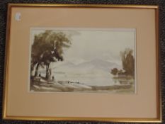 A watercolour, R Martin Tomlinson, Morning lake vista, signed, 19 x 31cm, and two prints, after W