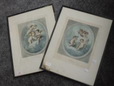A pair of prints, after Bartatozzi, Summer and Winter, cherubs, 32 x 26cm, plus frame and glazed
