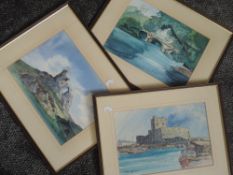 Three watercolours, J W Wright, inc river bridge, signed and dated (19)88, 22 x 30cm, plus frame and