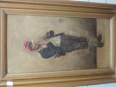An oil painting, European horn player, 49 x 24cm, plus frame
