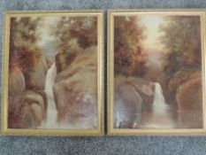 A pair of oil paintings, J Chilcott, waterfalls, 50 x 40cm, plus frame