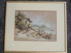 A pastel sketch, Ronald Dickinson, seascape, attributed verso, 23 x 31cm, and a watercolour D