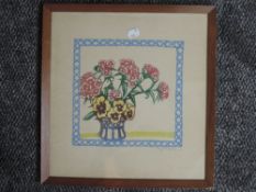 A print, after Hugh Wallis, still life, signed, 36 x 34cm, possibly by the Altrincham metal
