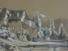 A watercolour, Lydia H, timbered lake house, signed and dated 1851, 24 x 38cm, and a print, rustic