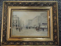A watercolour, Continental townscape, indistinctly signed, 14 x 20cm, plus frame and glazed